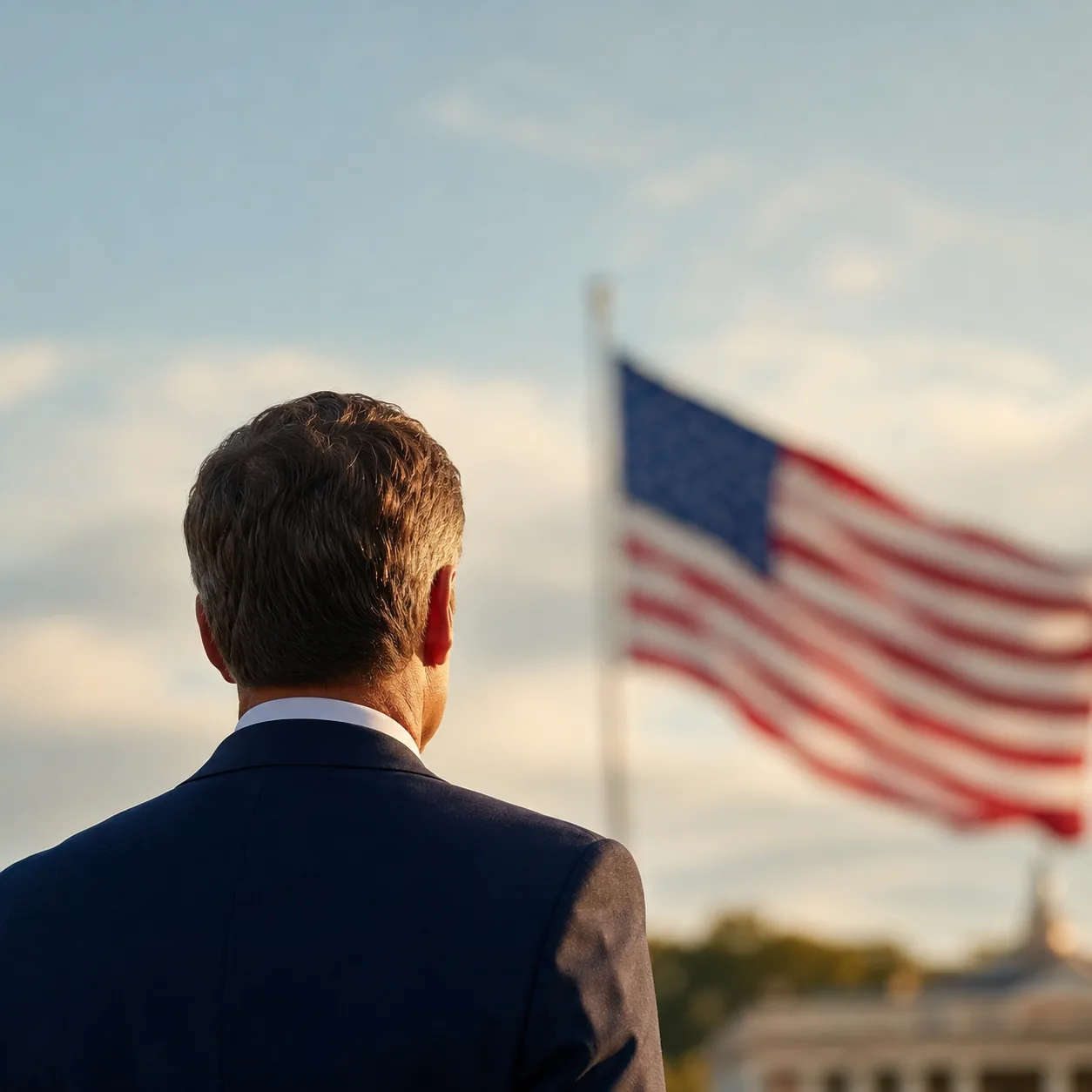 The endorsed candidate, viewed from behind, regarding the United States Capitol at sunset with an American flag in the distance.